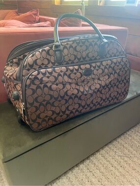 Coach Brown and Black Signature Canvas Rolling Duffel